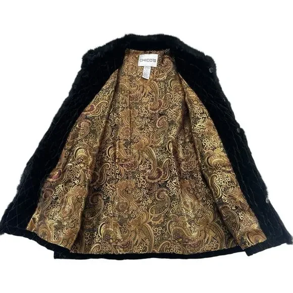 Chico's Black Quilted Velvet Rabbit Fur Trim Vest Womens Sz 1 (M) Brocade Lined - Picture 4 of 8